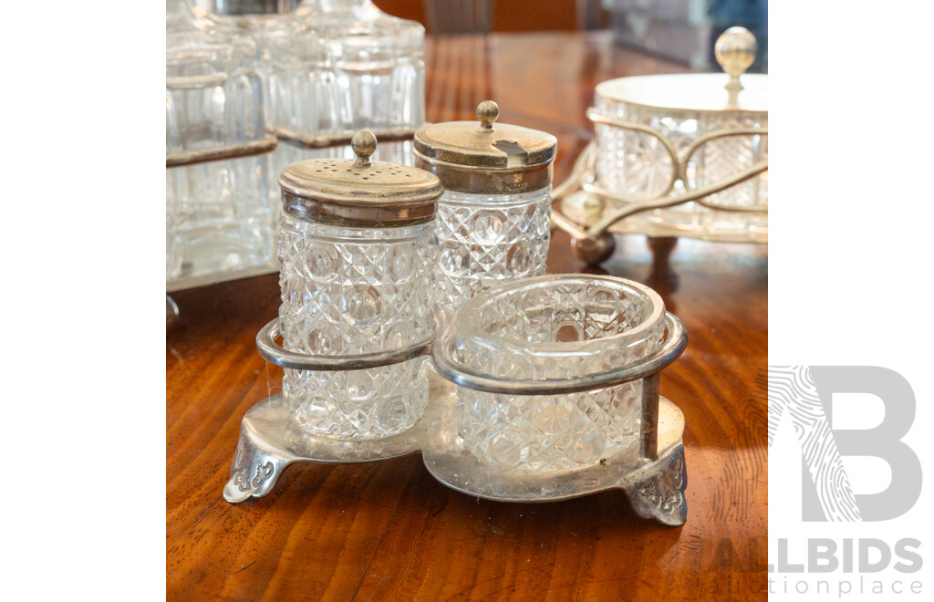 Collection of Four Cut Glass and Silver Plate Cruet Sets