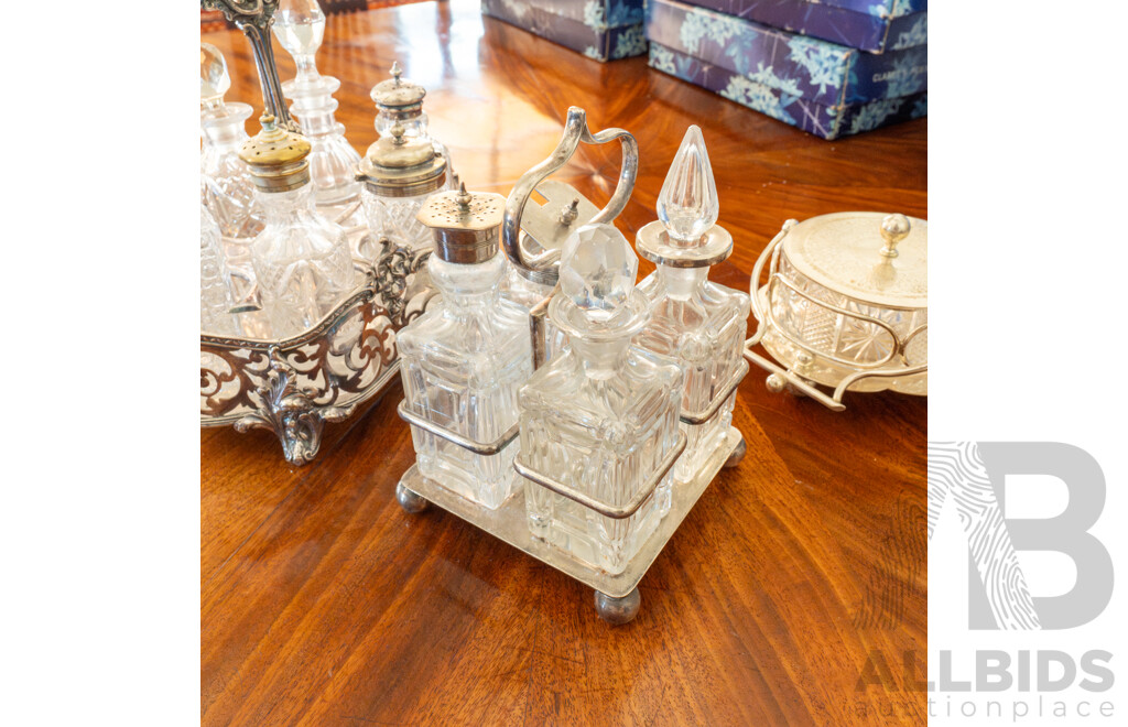 Collection of Four Cut Glass and Silver Plate Cruet Sets