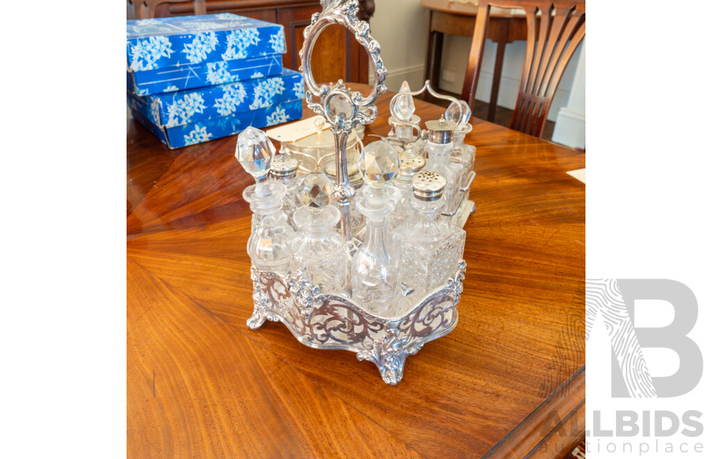 Collection of Four Cut Glass and Silver Plate Cruet Sets