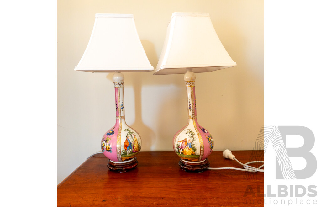 Pair of German Dresden Bottle Vases Converted to Lamps