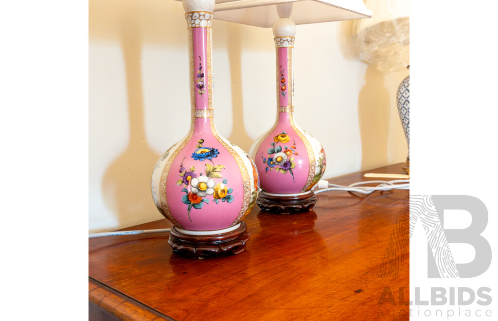 Pair of German Dresden Bottle Vases Converted to Lamps
