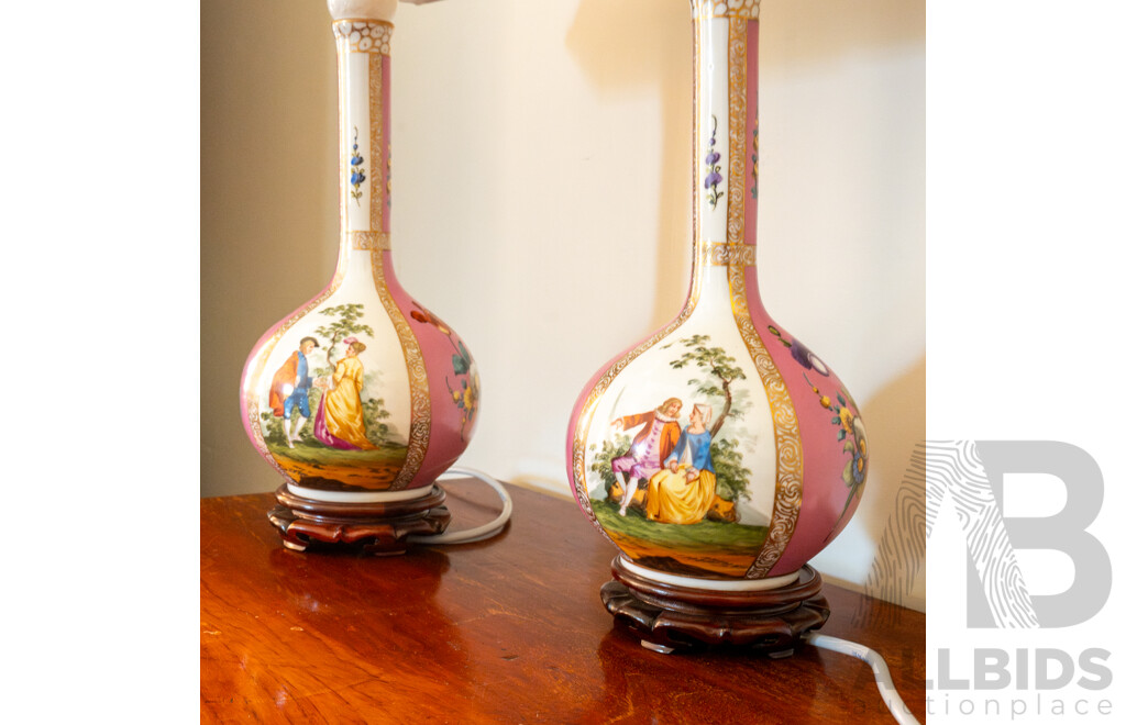 Pair of German Dresden Bottle Vases Converted to Lamps