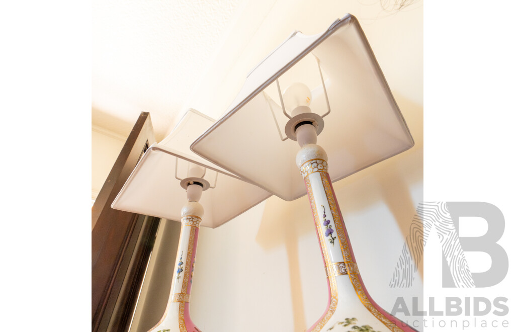 Pair of German Dresden Bottle Vases Converted to Lamps