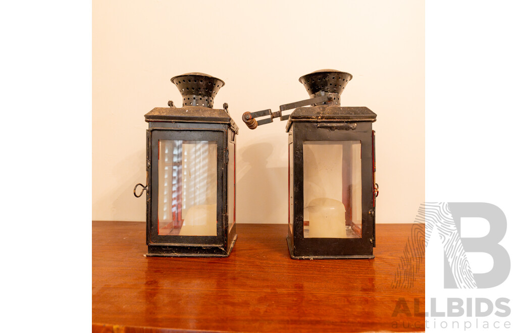 Pair of Vintage Metal Carriage Lanterns Converted to Candle Holders