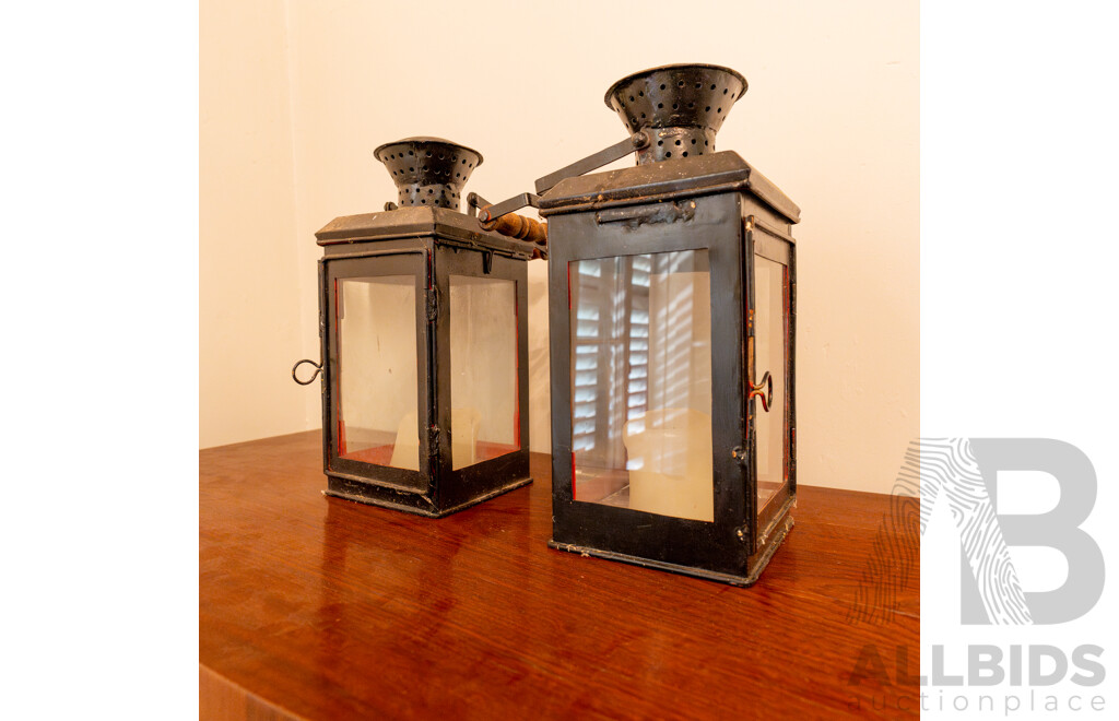 Pair of Vintage Metal Carriage Lanterns Converted to Candle Holders