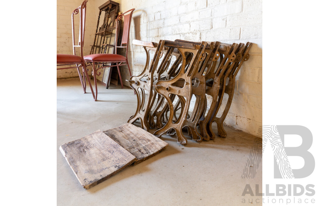 Collection of 13 Cast Iron Theatre Seat Bench Ends and Seats