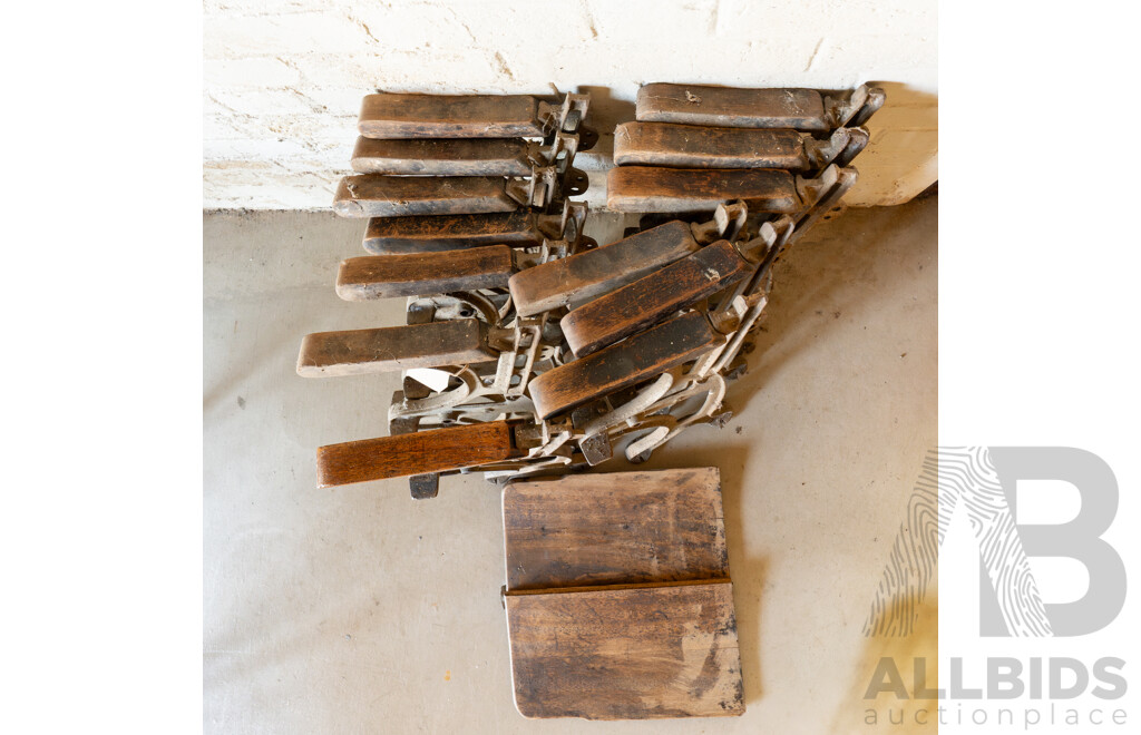 Collection of 13 Cast Iron Theatre Seat Bench Ends and Seats