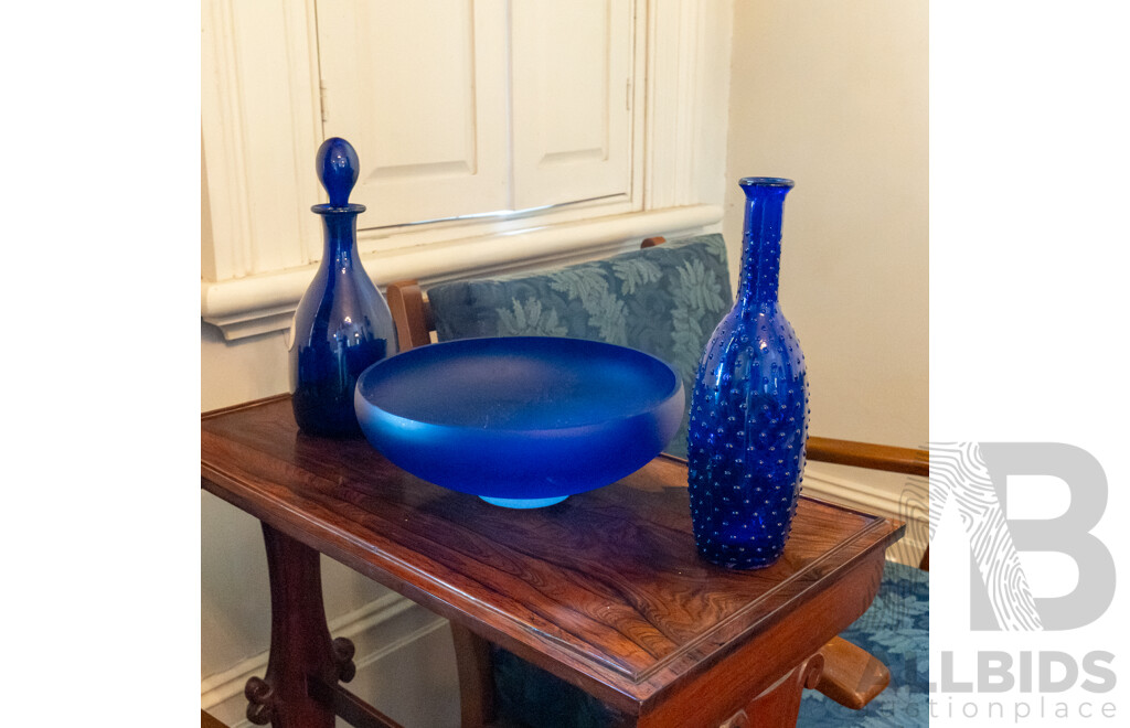 Three Pieces of Blue Glass, Including Bowl, Decanter and Vase