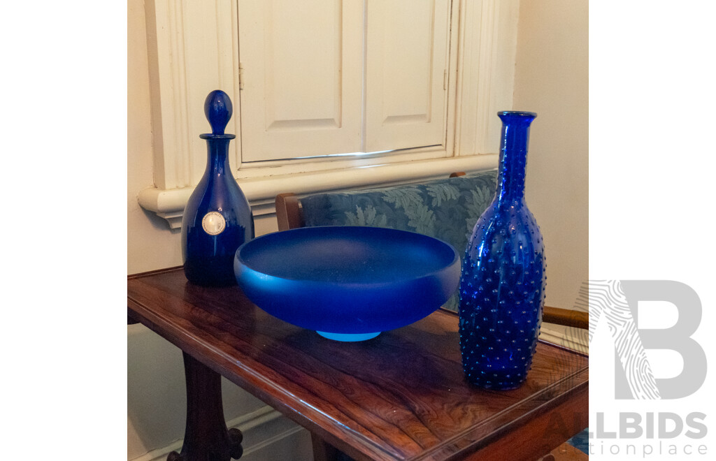 Three Pieces of Blue Glass, Including Bowl, Decanter and Vase