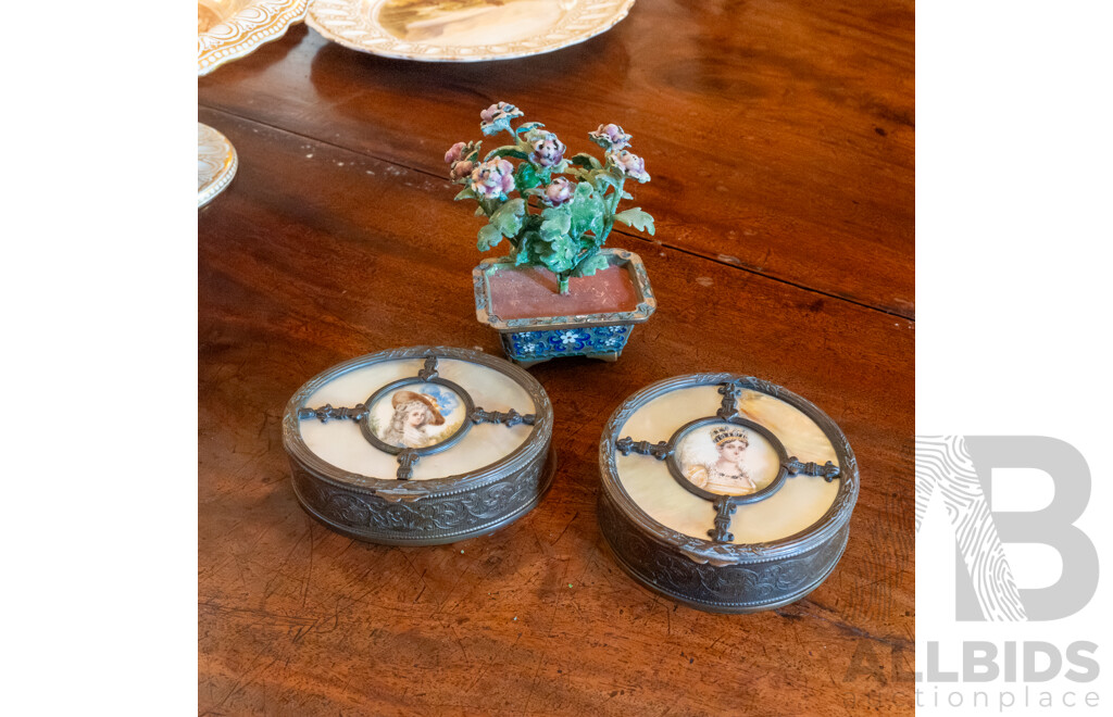 Pair of French Metal and Pearl Shell Boxed with Hand Painted Miniatures Inset and Faux Chinese Cloisonne Bouquet