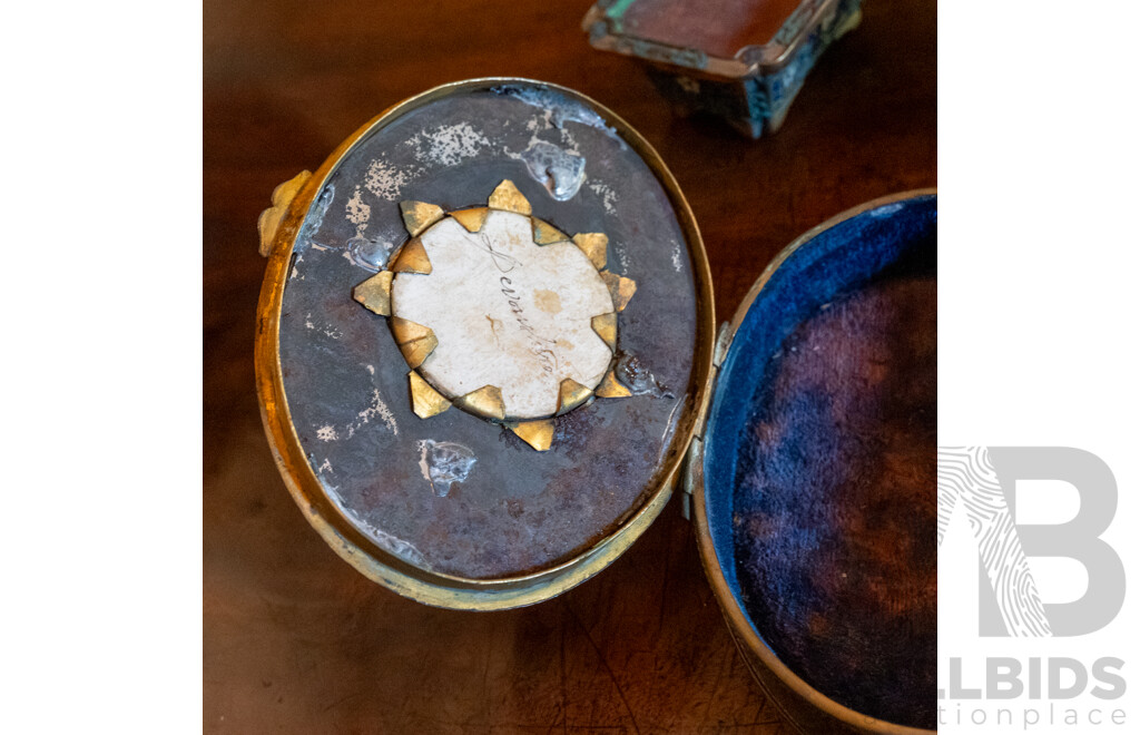 Pair of French Metal and Pearl Shell Boxed with Hand Painted Miniatures Inset and Faux Chinese Cloisonne Bouquet