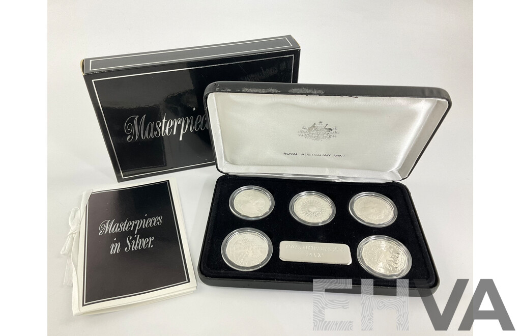 Australian RAM Masterpieces in Silver, Five Silver Commemorative Fifty Cent Coins, 1970, 1977, 1981, 1982 1989 .925