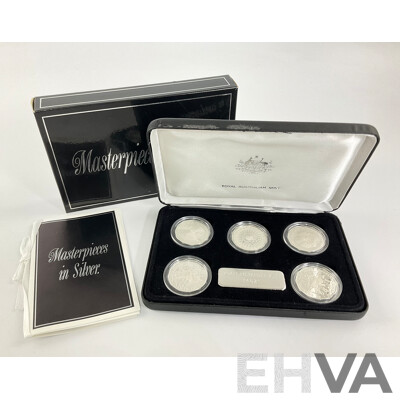 Australian RAM Masterpieces in Silver, Five Silver Commemorative Fifty Cent Coins, 1970, 1977, 1981, 1982 1989 .925