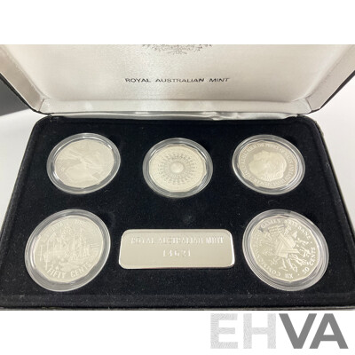 Australian RAM Masterpieces in Silver, Five Silver Commemorative Fifty Cent Coins, 1970, 1977, 1981, 1982 1989 .925