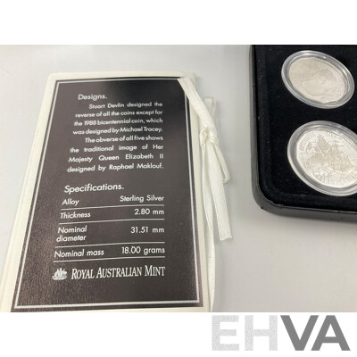 Australian RAM Masterpieces in Silver, Five Silver Commemorative Fifty Cent Coins, 1970, 1977, 1981, 1982 1989 .925