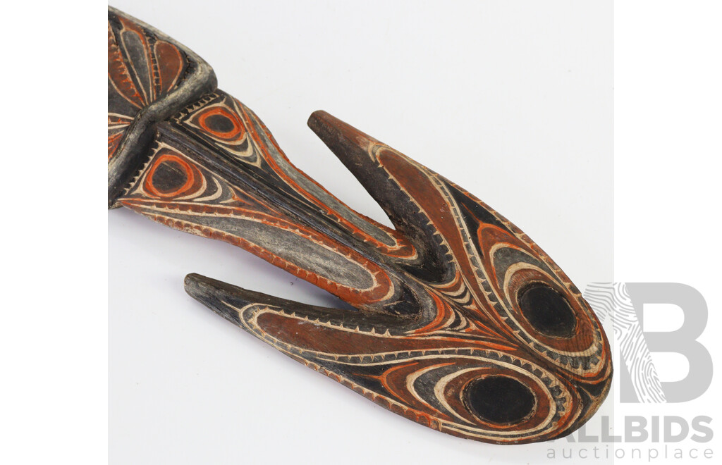 Vintage PNG Sepik River Hand Carved on Front and Rear Wooden Spirit Hook with Polychrome Decoration