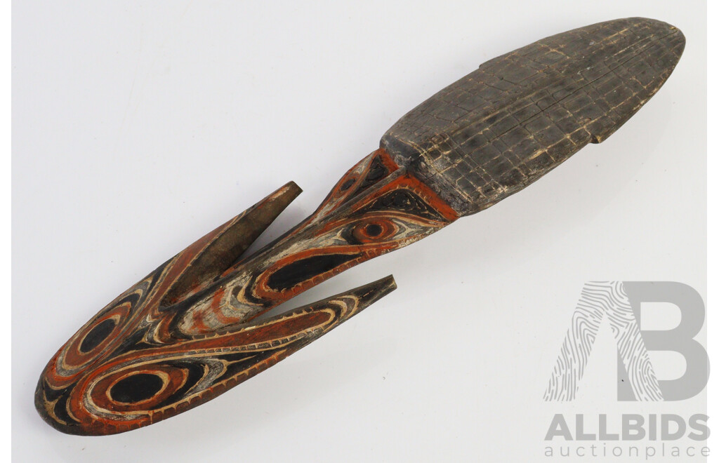 Vintage PNG Sepik River Hand Carved on Front and Rear Wooden Spirit Hook with Polychrome Decoration
