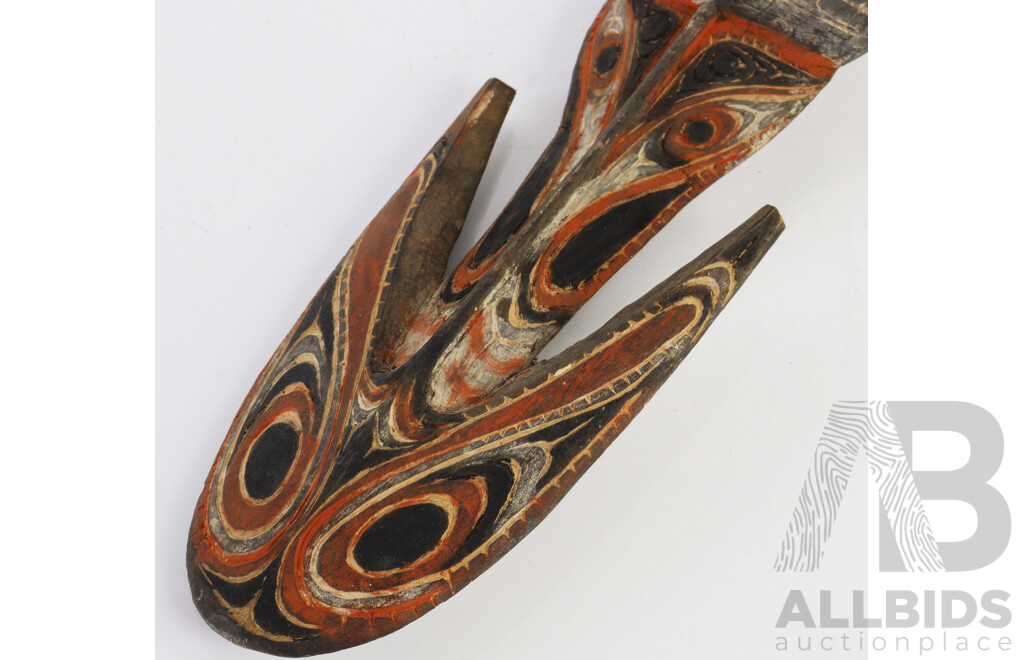 Vintage PNG Sepik River Hand Carved on Front and Rear Wooden Spirit Hook with Polychrome Decoration