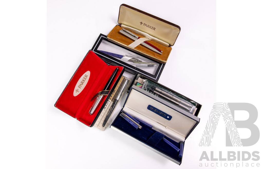 Collection Pens Including Three Parker Ballpoint Examples in Cases, Parker Fountain Pen in Case, Box Parker Refills, Wearever Fountain Pen in Original Case and More