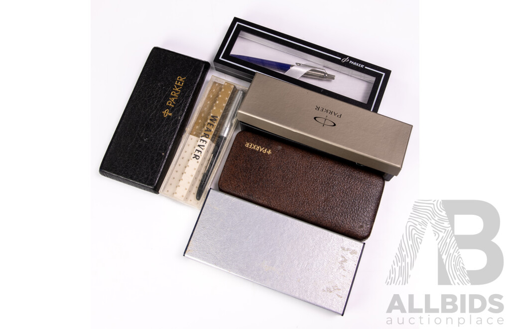 Collection Pens Including Three Parker Ballpoint Examples in Cases, Parker Fountain Pen in Case, Box Parker Refills, Wearever Fountain Pen in Original Case and More