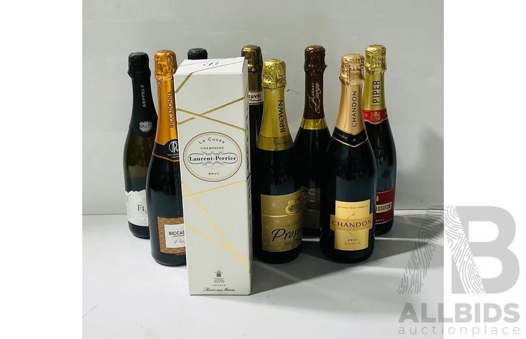 Collection Nine Sealed Bottles of Champagne & Proseco Including Laurent Perrier La Cuvee Brut Chamapgne in Box, Piiper Heidieck Cuvee Brut