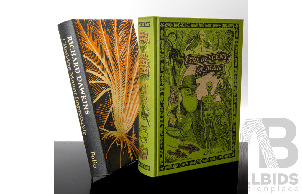 Two Folio Society Publications Comprising The Descent of Man, Charles Darwin, 2003 & Climbing Mount Improbable, R Dawkins, 2009, Both Hardcovers in Slip Cases