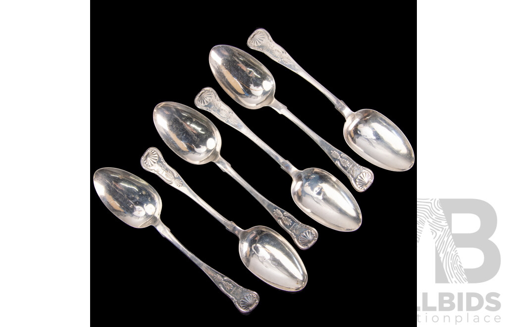 Set Six Antique Sterling Silver Table Spoons in Kings Pattern with Engraved Crest to Finial, Edinburgh, 1838, James & Walter Marshal, Weight 402gm