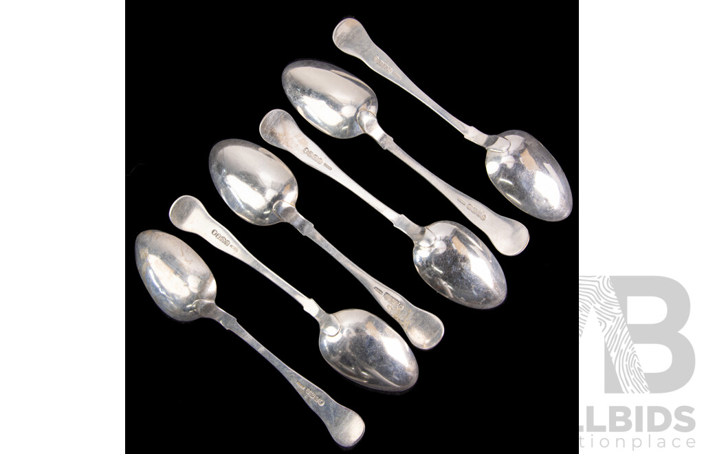 Set Six Antique Sterling Silver Table Spoons in Kings Pattern with Engraved Crest to Finial, Edinburgh, 1838, James & Walter Marshal, Weight 402gm
