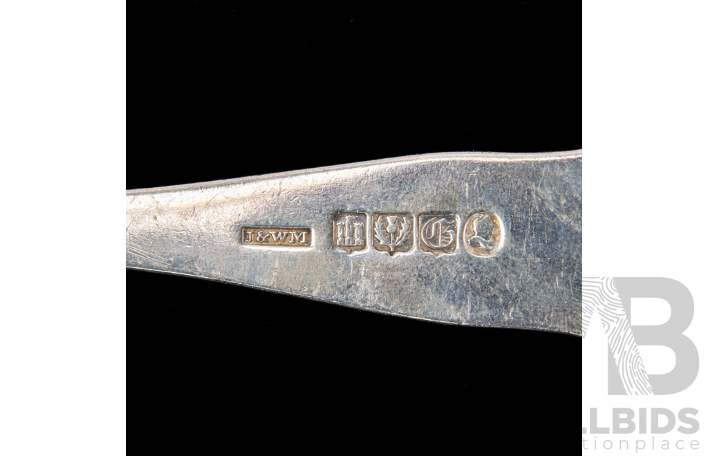 Set Six Antique Sterling Silver Table Spoons in Kings Pattern with Engraved Crest to Finial, Edinburgh, 1838, James & Walter Marshal, Weight 402gm