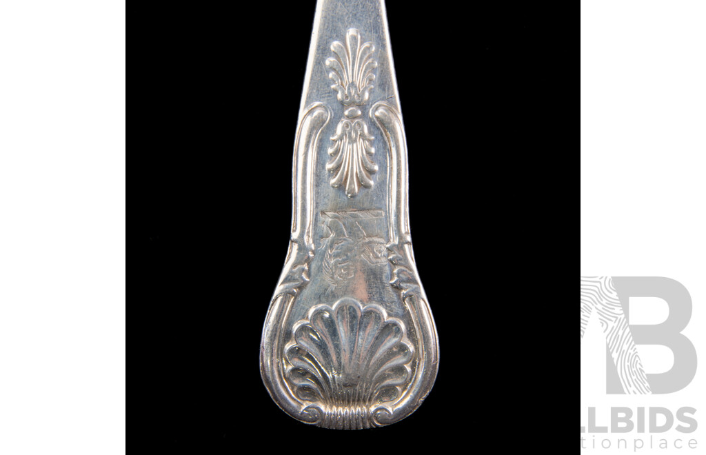 Set Six Antique Sterling Silver Table Spoons in Kings Pattern with Engraved Crest to Finial, Edinburgh, 1838, James & Walter Marshal, Weight 402gm