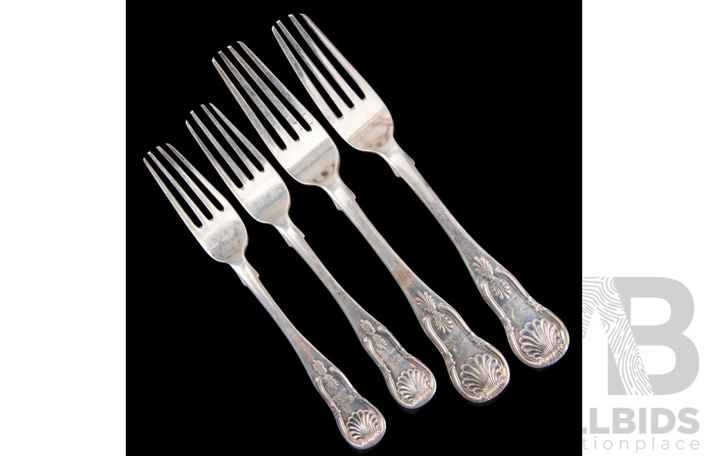 Four Antique Sterling Silver Forks in Kings Pattern in Two Sizes with Engraved Crest to Finial, Edinburgh, 1838, James & Walter Marshal, Weight 221Gm