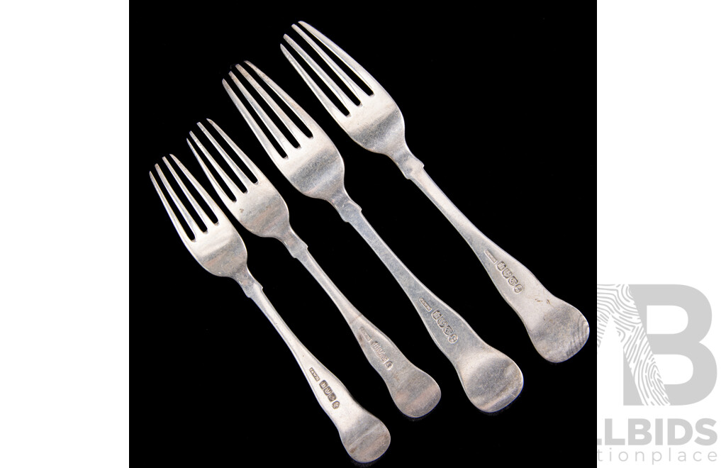 Four Antique Sterling Silver Forks in Kings Pattern in Two Sizes with Engraved Crest to Finial, Edinburgh, 1838, James & Walter Marshal, Weight 221Gm