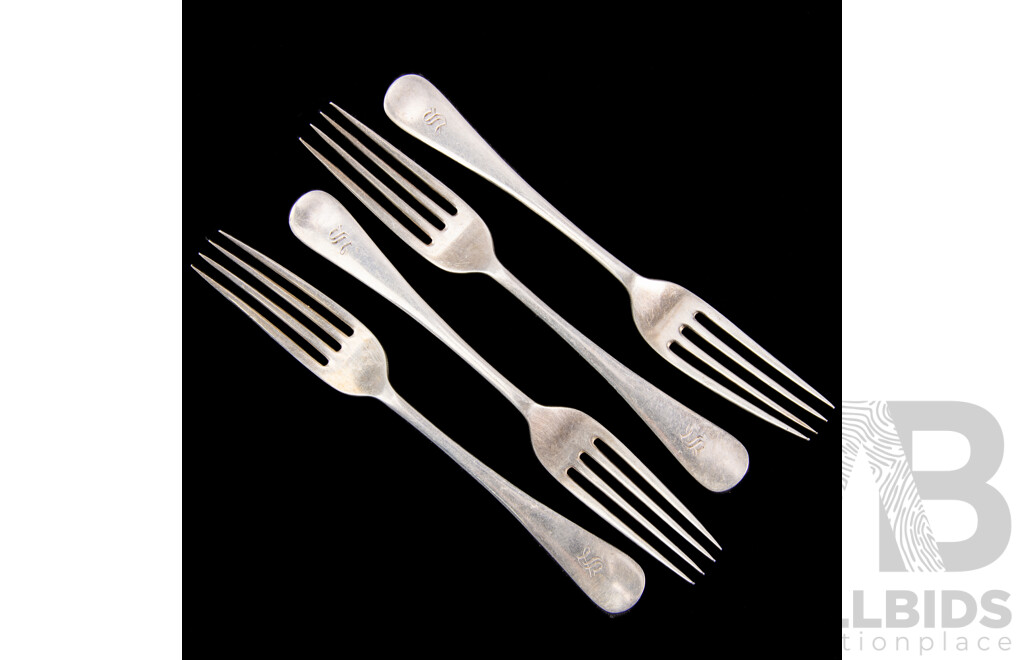 Set Four Antique Sterling Silver Forks with Engraved Monogram to Finial, Sheffield, 1921, Walker & Hall, Weight 223Gm