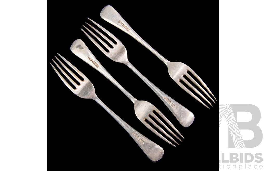 Set Four Antique Sterling Silver Forks with Engraved Monogram to Finial, Sheffield, 1921, Walker & Hall, Weight 223Gm