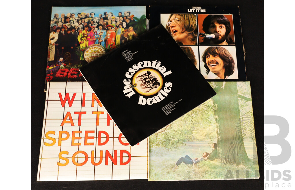 Collection Five The Beatles and Ex Beatles Members Vintage Vinyl LP Records Comprising Let It Be, the Essential Beatles, Sgt Pepper's, Wings at the Speed of Sound & John Lennon Plastic Ono Band