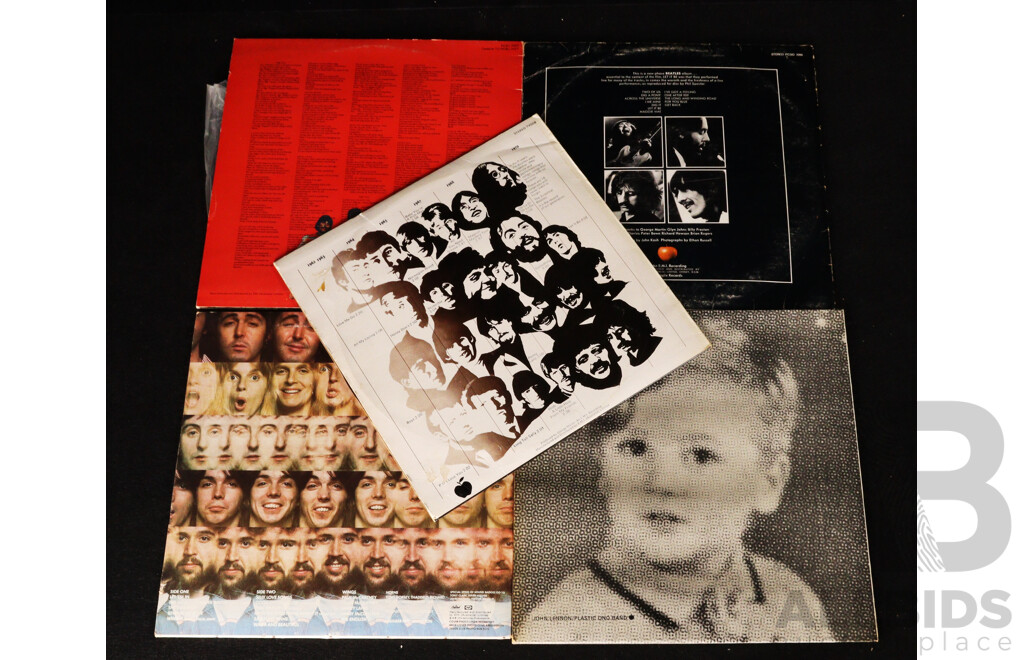 Collection Five The Beatles and Ex Beatles Members Vintage Vinyl LP Records Comprising Let It Be, the Essential Beatles, Sgt Pepper's, Wings at the Speed of Sound & John Lennon Plastic Ono Band
