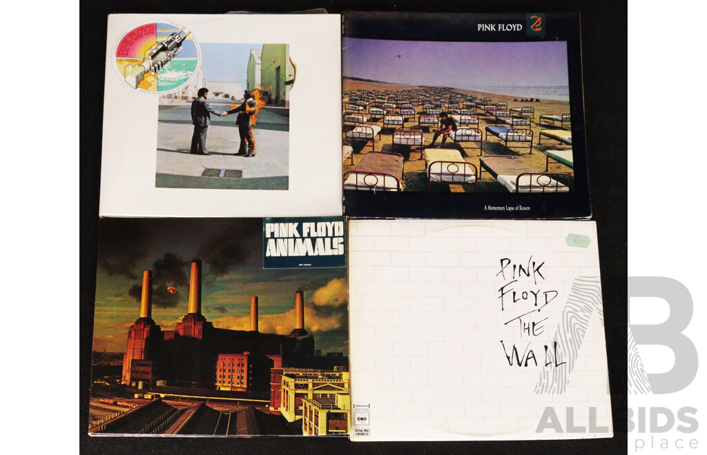 Collection Four Pink Floyd Vintage Vinyl LP Records Comprising the Wall Double Album, Animals, a Momentary Lapse of Reason & Wish You Were Here