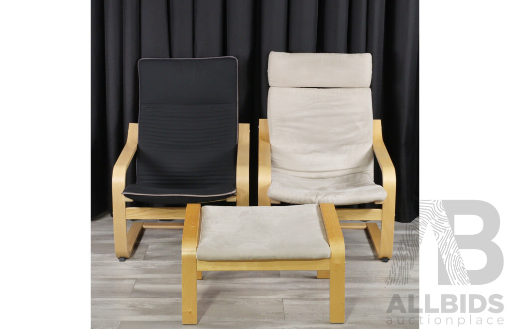 Pair of Similar Ikea Canter Lever Lounge Chairs and Single Ottoman