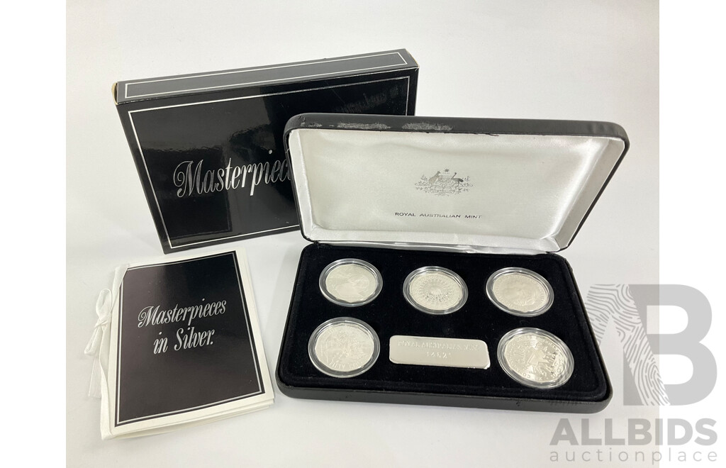 Australian RAM Masterpieces in Silver, Five Silver Commemorative Fifty Cent Coins, 1970, 1977, 1981, 1982 1989 .925