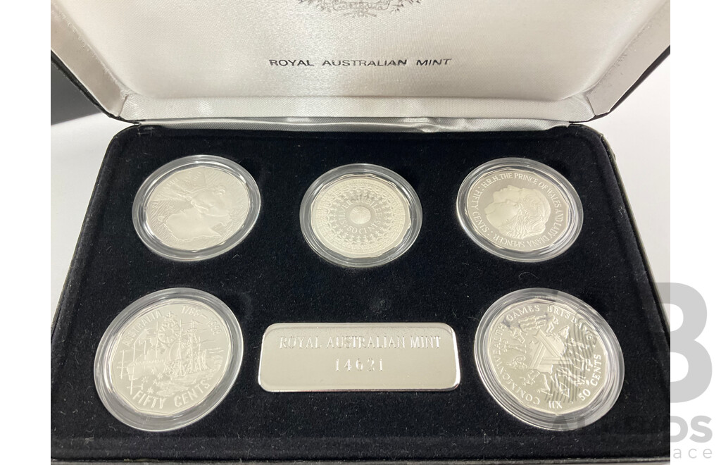 Australian RAM Masterpieces in Silver, Five Silver Commemorative Fifty Cent Coins, 1970, 1977, 1981, 1982 1989 .925