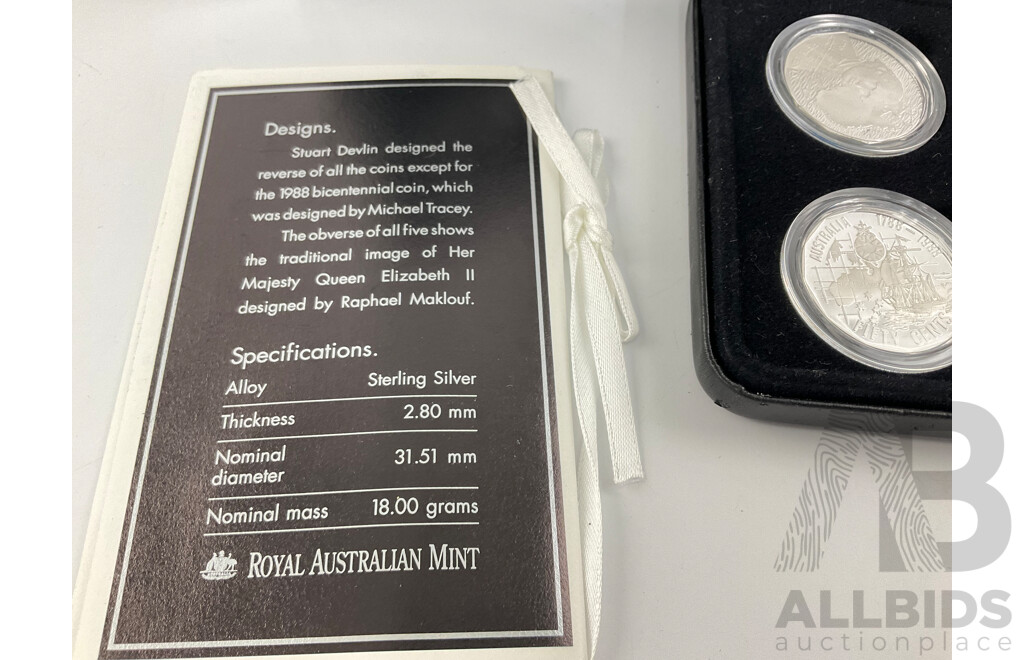 Australian RAM Masterpieces in Silver, Five Silver Commemorative Fifty Cent Coins, 1970, 1977, 1981, 1982 1989 .925