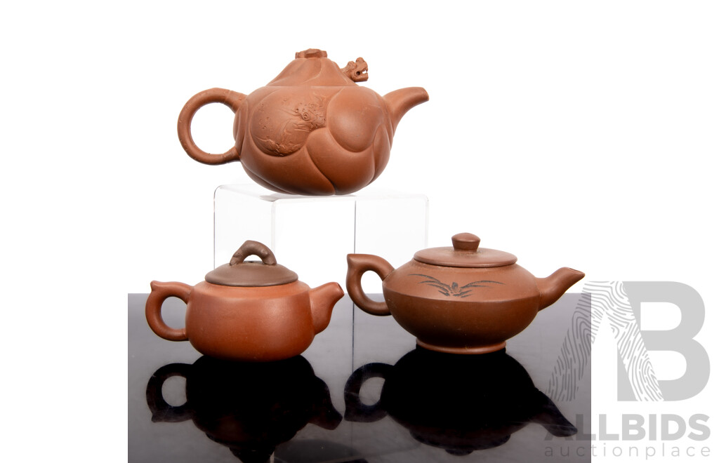 Collection Three Chinese Yi Xing Teapots Including Example with Moving Dragon to Lid