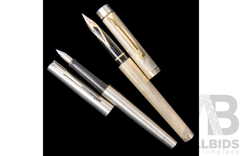 Shaeffer Fountain Pen with Sterling Silver Cap & Body with 14K Gold Nib, Along with UK Made Parker Fountain Pen
