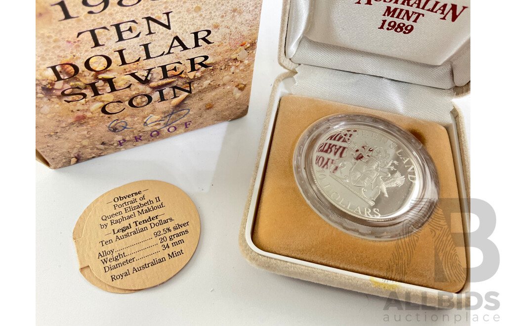 Australian RAM 1989 Silver Proof Ten Dollar Coin, State Series Queensland .925