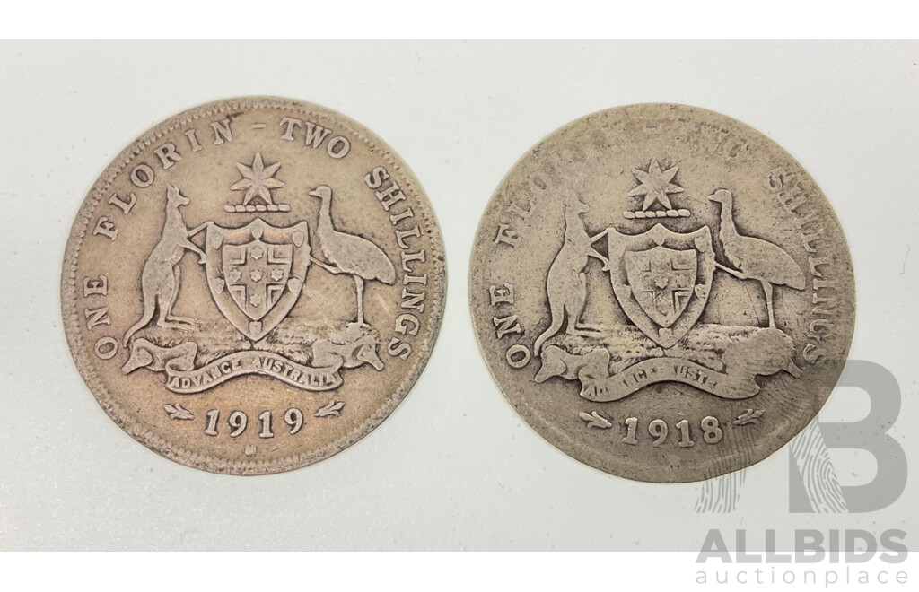 Australian 1918 and 1919M KGV Silver Florins.925
