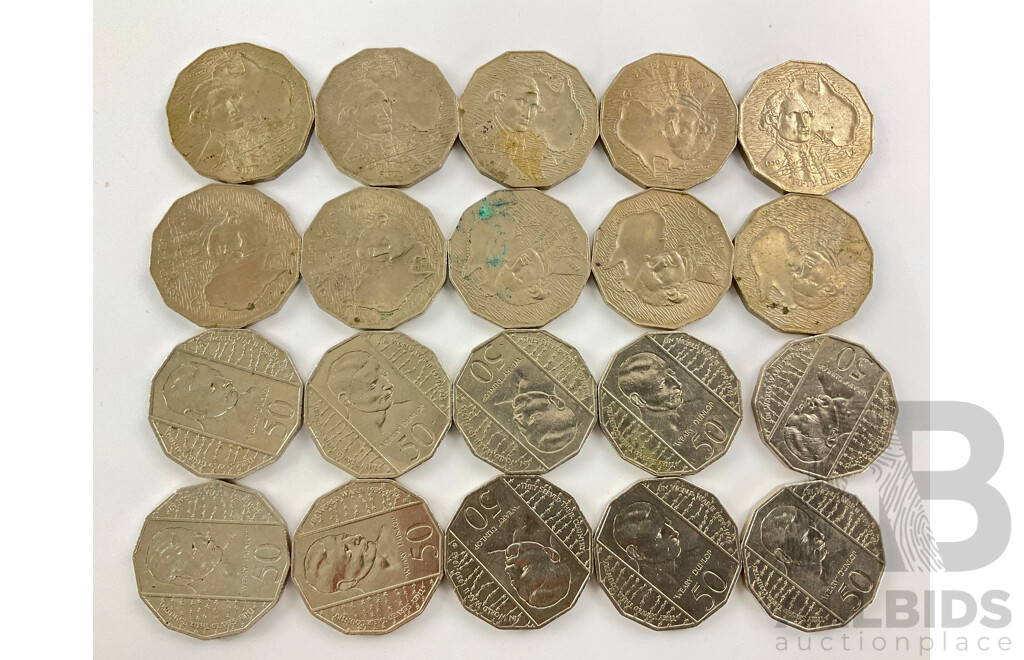 Twenty Australian Commemorative Fifty Cent Coins, Ten 1970 Captain Cook and Ten 1995 Weary Dunlop