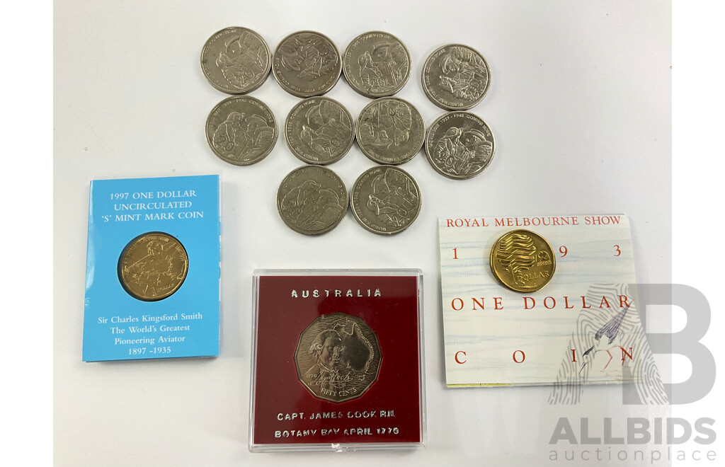 Australian Commemorative Coins Including 1997 One Dollar Kingsford Smith S Mint Mark, 1993 One Dollar Landcare, 1970 Fifty Cent Captain Cook, Ten 2005 Twenty Cent Coming Home
