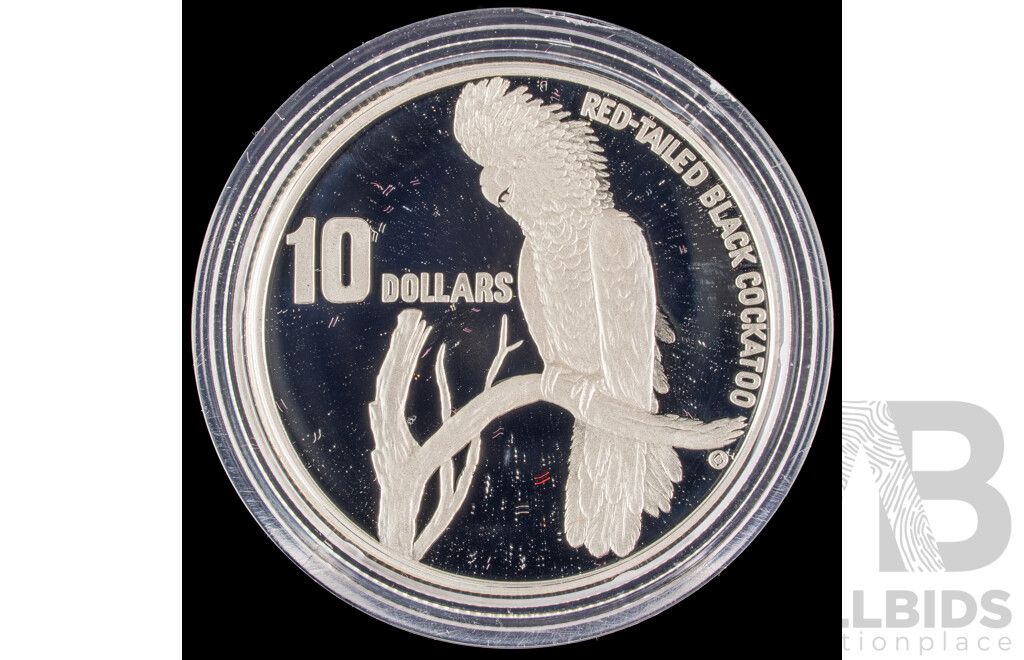 Australian RAM 1997 Silver Piedfort Ten Dollar Coin, Australia's Endangered Species, South Eastern Red Tailed Black Cockatoo .925
