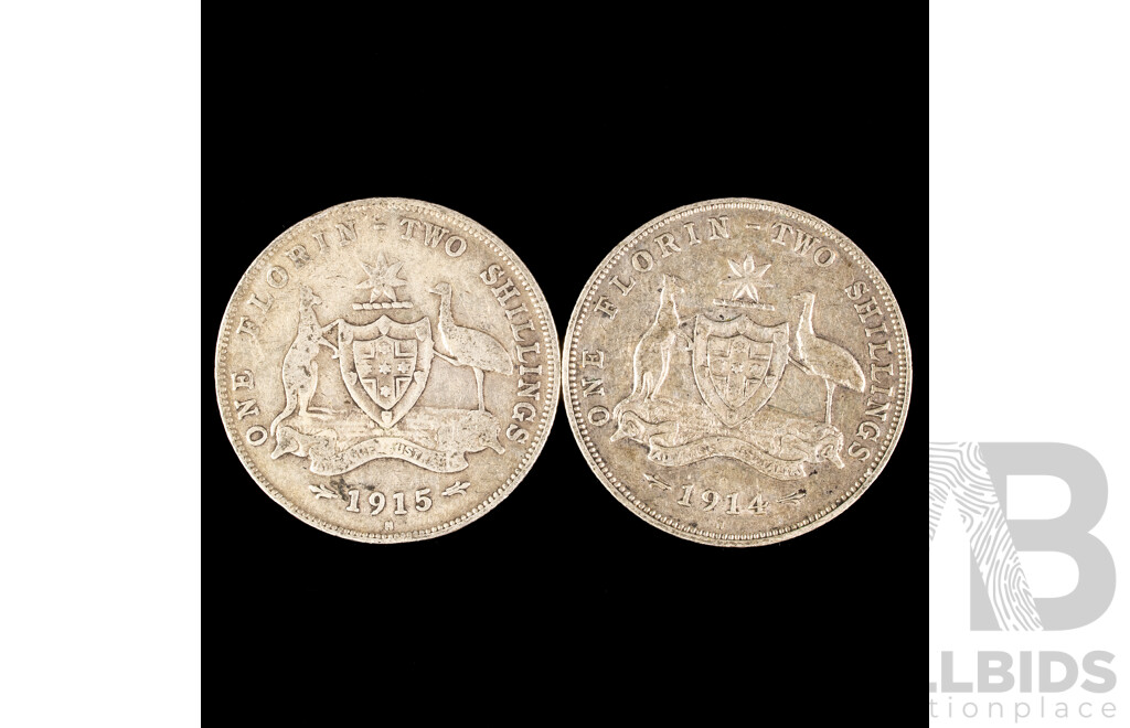 Two Australian KGV Silver Florins, 1914H and 1915H .925
