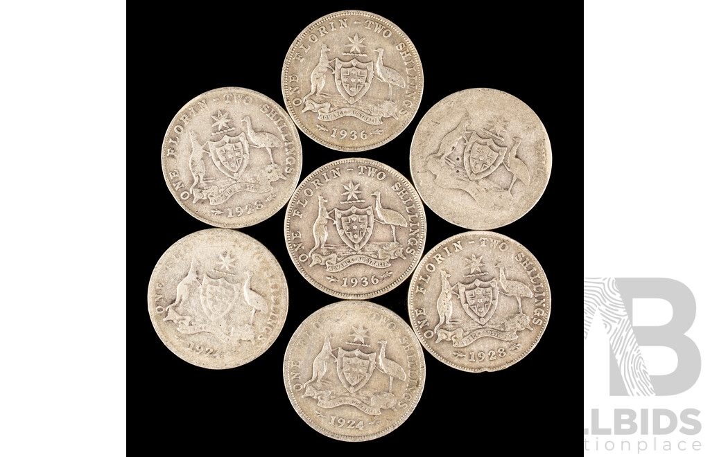 Seven Australian KGV Silver Florins, 1924(2) 1928(2) 1936(2) .925